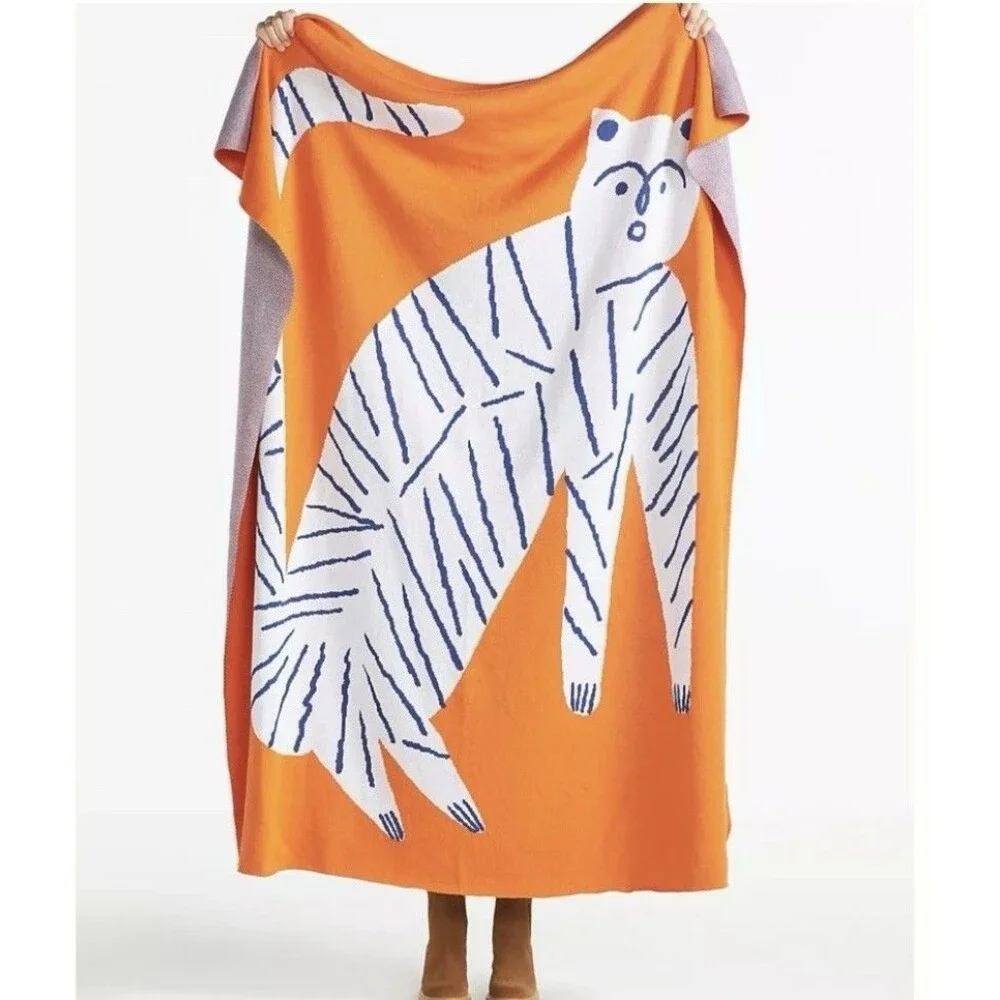Anthropologie Marcello Velho Folksong Knit Throw Tangerine Orange Cat Blanket